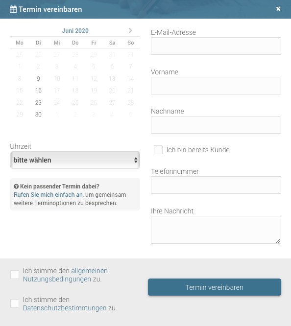 Pop-up für die Online Terminvereinbarung
