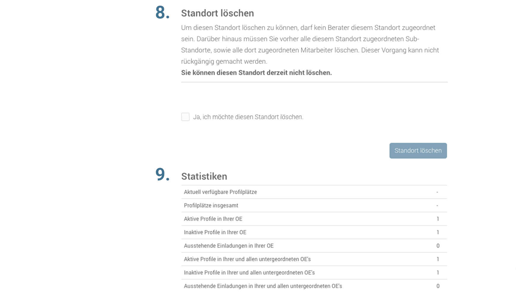 Standort löschen und Statistiken