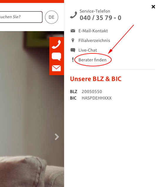 Einbindung des Beraterfinders in der Sidebar der Hamburger Sparkasse