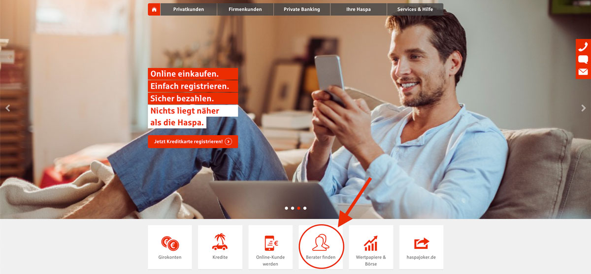 Beraterfinder Einbindung auf der Startseite der Hamburger Sparkasse